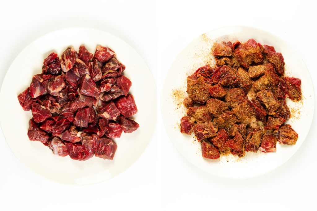 Two white plates side by side: the left plate holds raw beef chunks, while the right plate shows beef coated in spices—perfect for preparing a flavorful creamy steak pasta. Both plates are viewed from above on a white background.