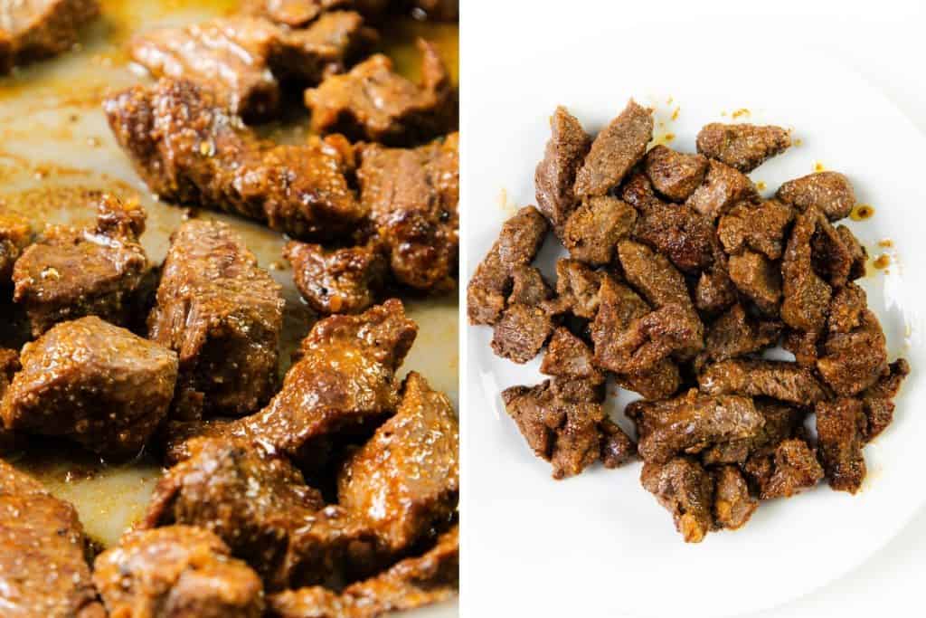 Close-up of cooked, seasoned beef pieces on the left, and a white plate filled with browned, cooked beef chunks on the right—perfect for adding to a creamy steak pasta dish.