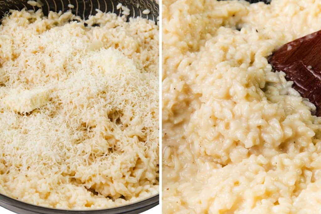 A close-up of creamy Parmesan Risotto in a pan, topped with shredded cheese on the left and being stirred with a wooden spoon on the right.