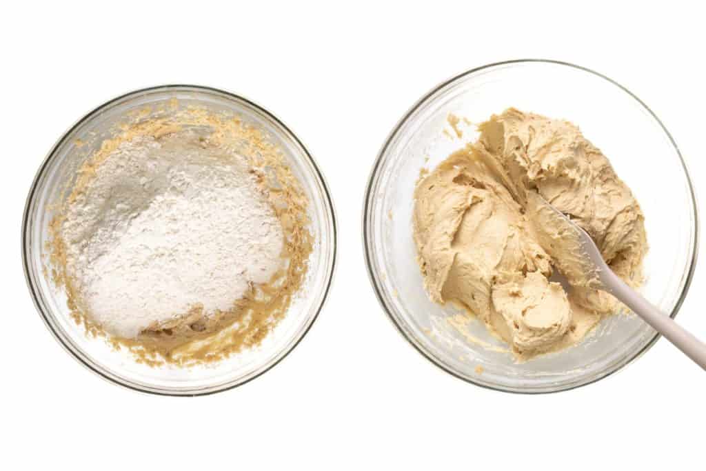 Two glass bowls display Fig Filled Cookie Bars in progress; the left bowl has flour atop mixed ingredients, while the right bowl shows fully mixed dough with a spatula.