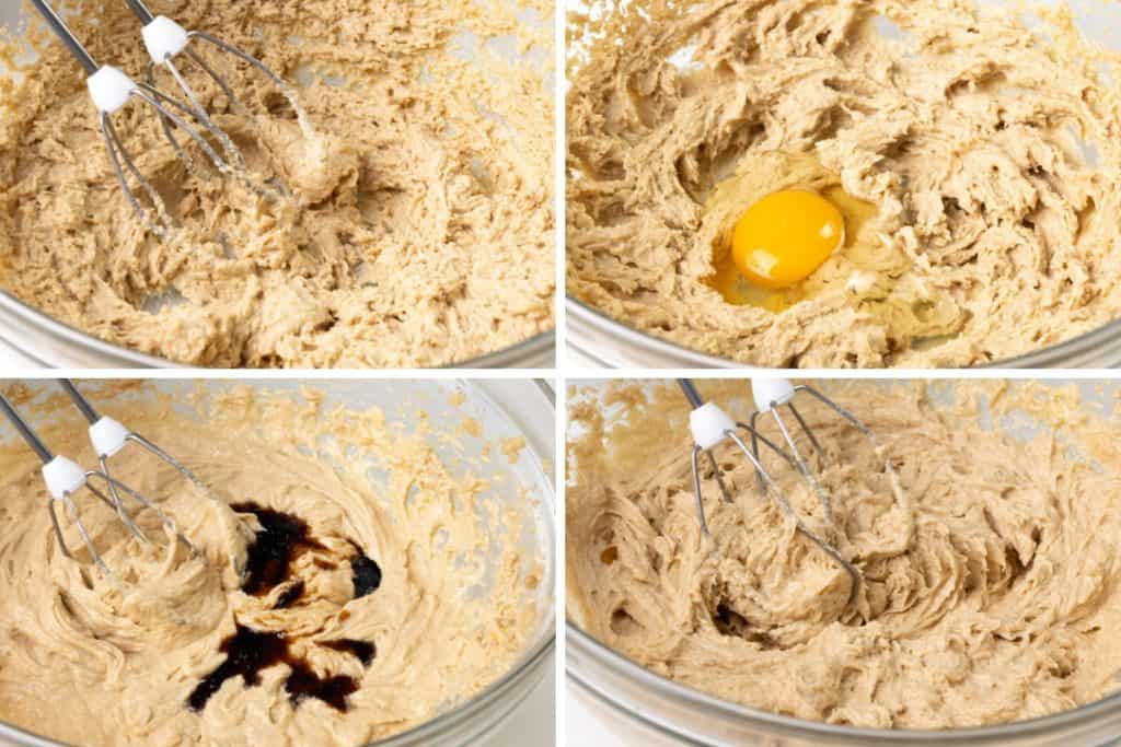 A four-panel collage shows fig filled cookie bars in the making: creamed butter and sugar in the first panel, an egg added in the second, vanilla extract in the third, and the blended mixture with beaters in the fourth.