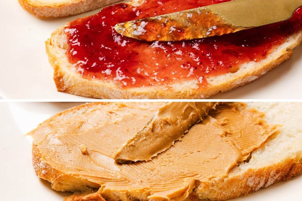 A split image shows a slice of bread with red jelly and another with creamy peanut butter, each being spread with a knife&mdash;perfect for crafting the ultimate peanut butter sandwich.