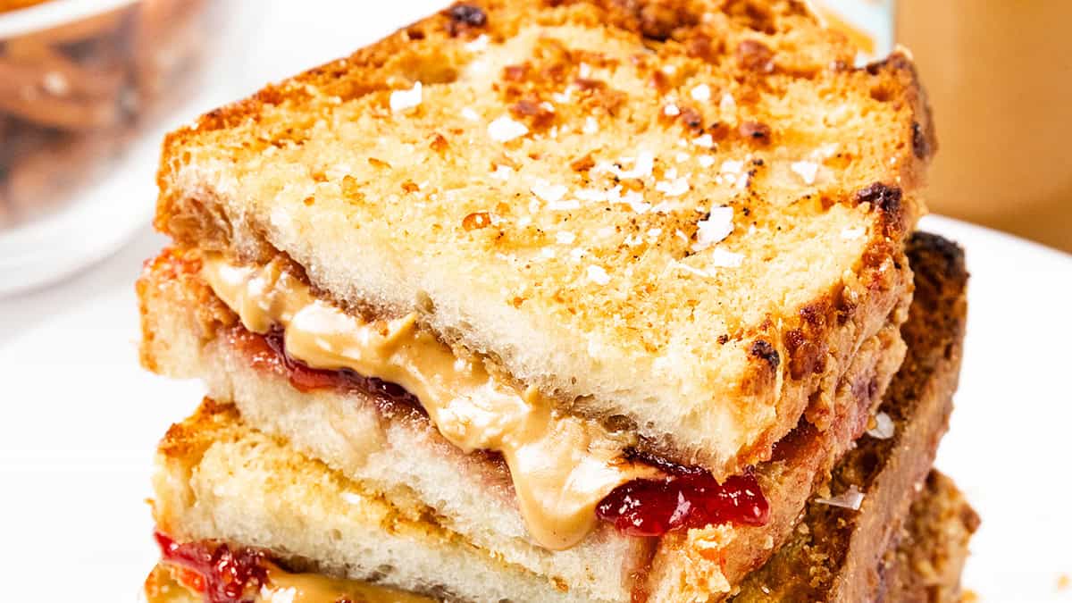 Grilled Peanut Butter and Jelly with Crunchy Pretzel Coating