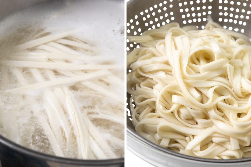 Side-by-side images: on the left, uncooked flat noodles boiling in a pot of water; on the right, cooked noodles drained in a metal colander&mdash;perfect for your next Sesame Noodles or Beef Noodle Recipe.