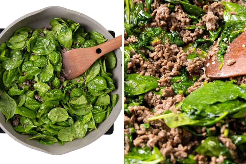 A split image: on the left, fresh spinach leaves are being saut&eacute;ed with a wooden spoon; on the right, cooked ground beef and wilted spinach are mixed together in the pan, creating a delicious base for a flavorful Beef Noodle Recipe.