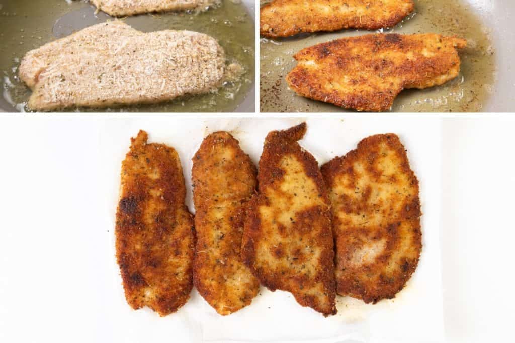 Three images show the process of frying Italian Chicken Cutlet: raw cutlets in a pan, golden-brown cutlets cooking, and four cooked cutlets on paper towels to drain excess oil—perfect for a Chicken Sandwich or Italian Sandwich.