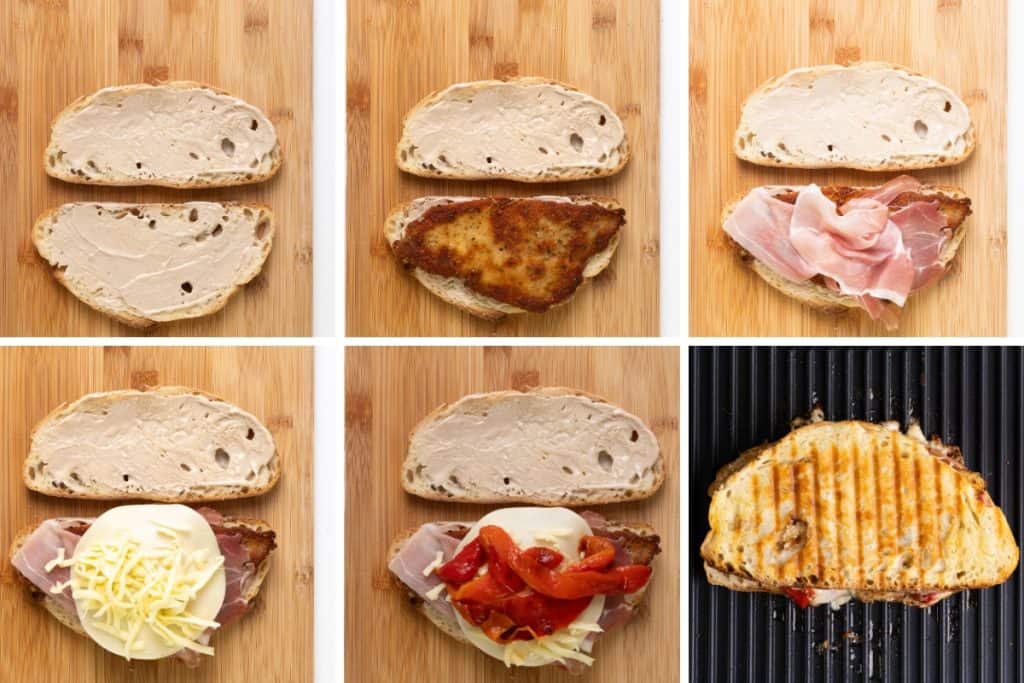Five images show the step-by-step assembly of an Italian Chicken Cutlet Sandwich with bread, chicken cutlet, ham, cheese, and roasted peppers, ending with the sandwich being grilled on a panini press.
