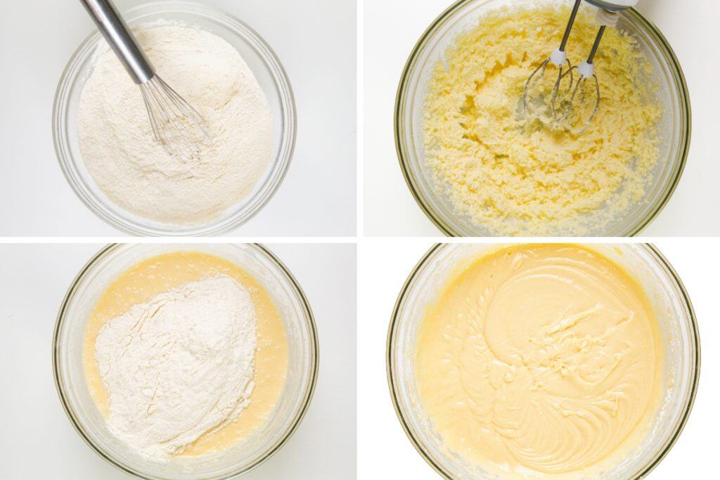 A collage of four images shows stages of Maple Bacon Bundt Cake batter preparation: whisked dry ingredients, creamed butter and sugar, dry mix added to wet, and a smooth, creamy batter.