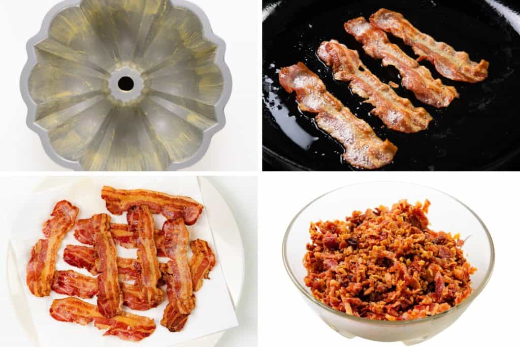 A collage shows: a greased Bundt pan, three strips of cooked bacon in a skillet, cooked bacon draining on paper towels, and a bowl filled with crumbled bacon bits&mdash;perfect prep for a savory Maple Bacon Bundt Cake.