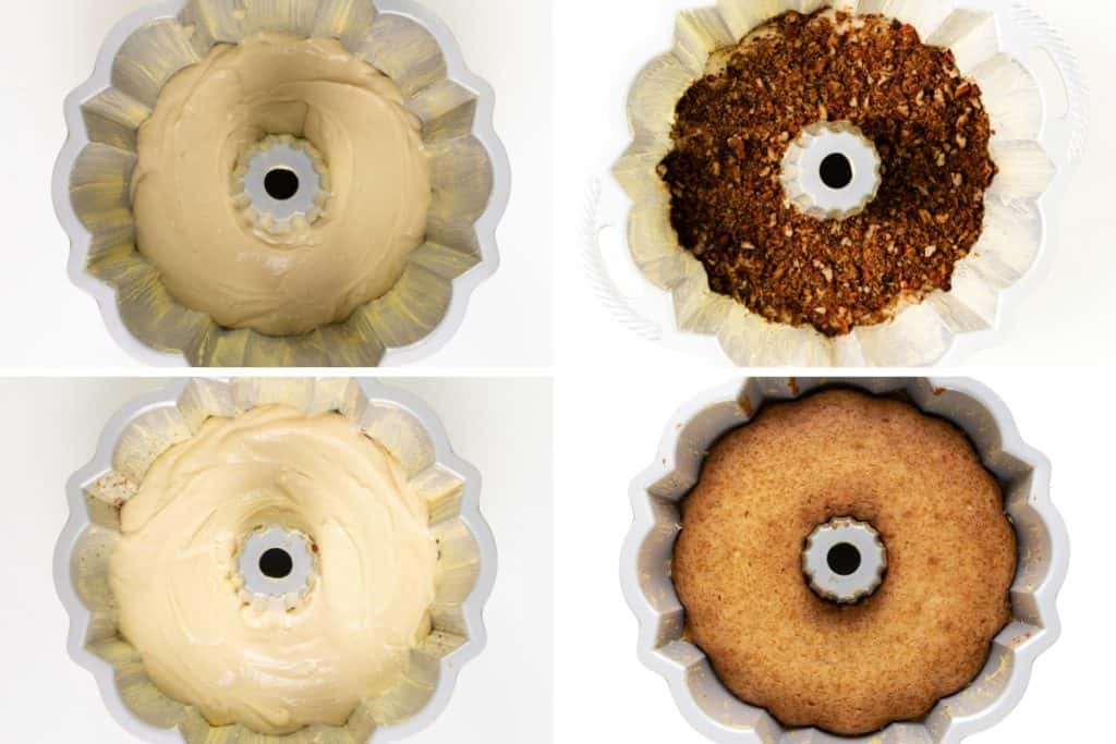 A four-step collage shows a Maple Bundt Cake being assembled: first, batter in a pan; second, a layer of streusel topping; third, another layer of batter; and fourth, the fully baked cake in the pan.