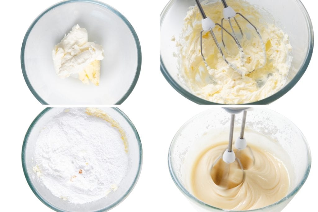 Four panels show steps of mixing maple frosting: 1) cream cheese and butter in a bowl, 2) mixing with beaters, 3) adding powdered sugar and vanilla, 4) electric mixer blending ingredients for a Bundt Cake into smooth maple frosting.