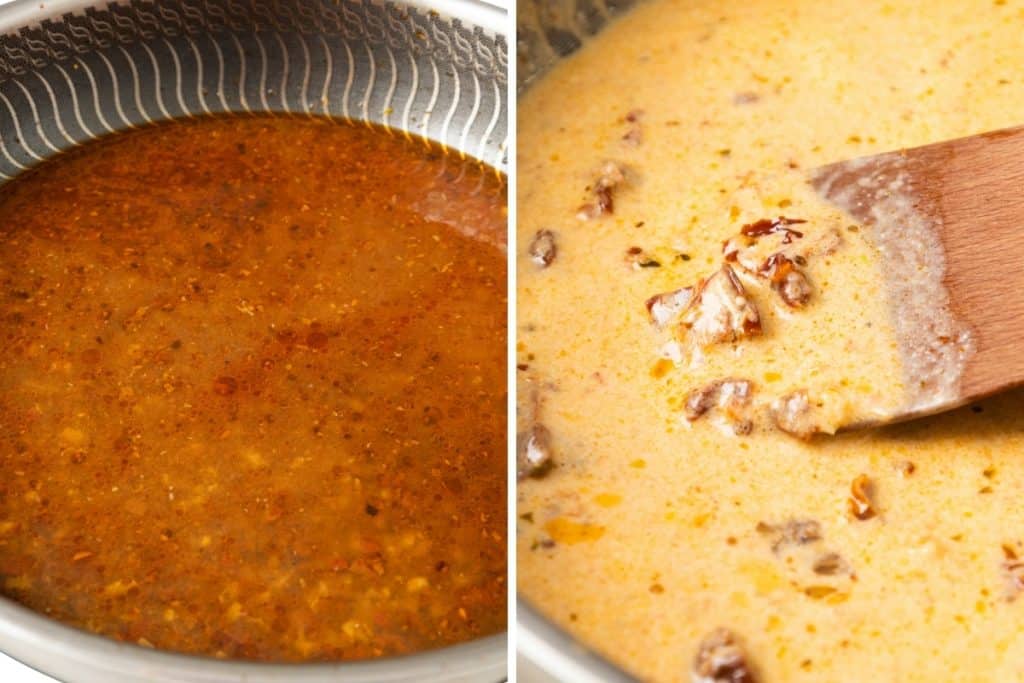 Side-by-side close-up images: on the left, a pot with a reddish-brown seasoned liquid; on the right, creamy Marry Me Chicken sauce with meat chunks, being stirred with a wooden spoon&mdash;a delicious chicken recipe in progress.