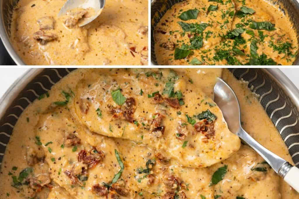 A creamy Marry Me Chicken dish in a skillet with a rich orange sauce, sun-dried tomatoes, and fresh chopped basil, shown both being cooked and served with a spoon.
