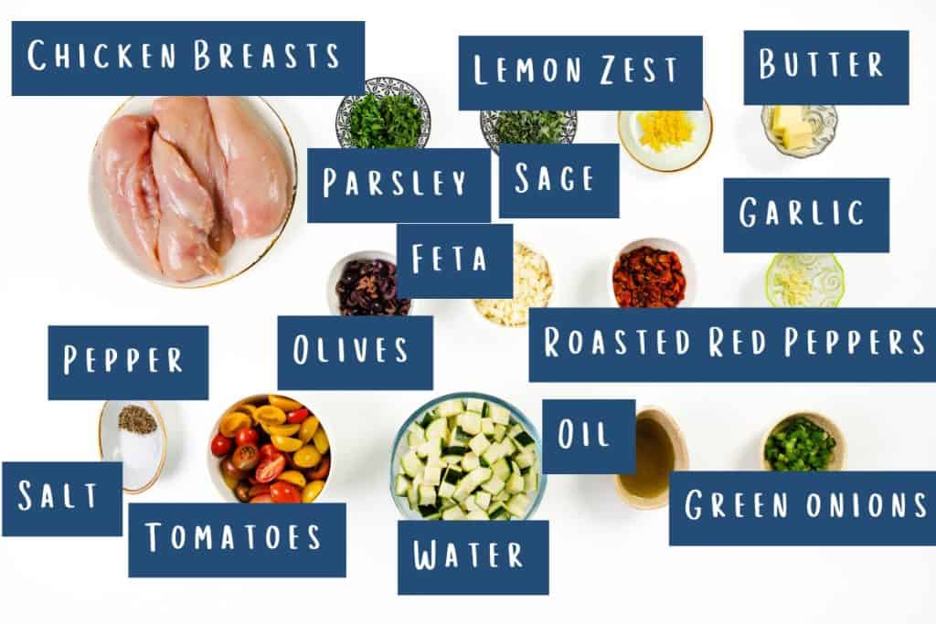 A top-down view of various ingredients in bowls, each labeled for making Mediterranean Stuffed Chicken: chicken breasts, lemon zest, butter, parsley, sage, garlic, feta, olives, roasted red peppers, oil, pepper, salt, tomatoes, water, and green onions.