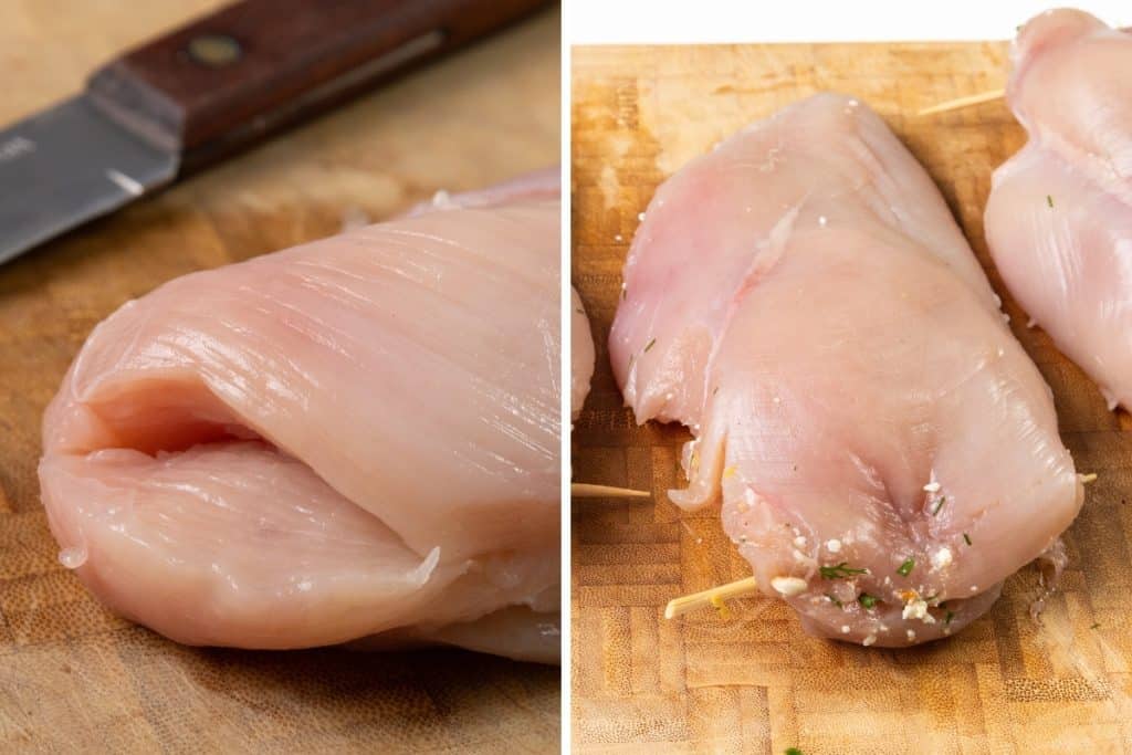 Close-up of raw chicken breasts on a wooden cutting board. The left side features a plain breast with a knife, while the right displays Mediterranean Stuffed Chicken breasts secured with toothpicks.