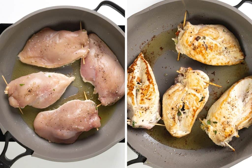 Side-by-side images show Mediterranean Stuffed Chicken breasts in a pan: on the left, raw and seasoned with toothpicks securing them; on the right, the same breasts are cooked and golden brown on one side.