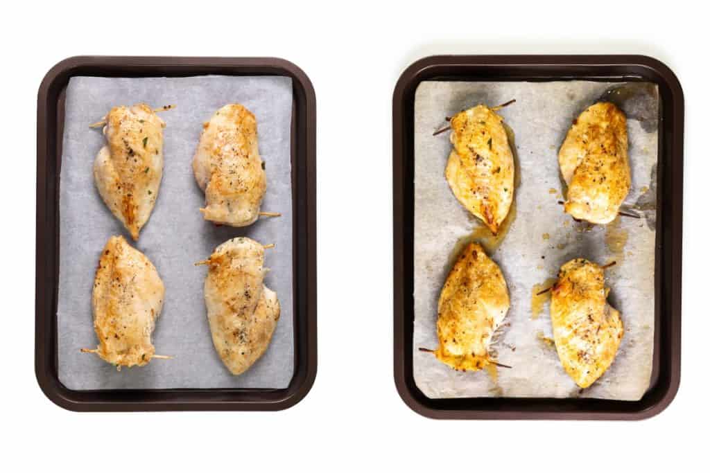 Two baking trays each hold four Mediterranean stuffed chicken breasts on parchment paper; the left tray displays the raw, seasoned chicken, while the right tray shows the same Mediterranean chicken baked to a golden brown.