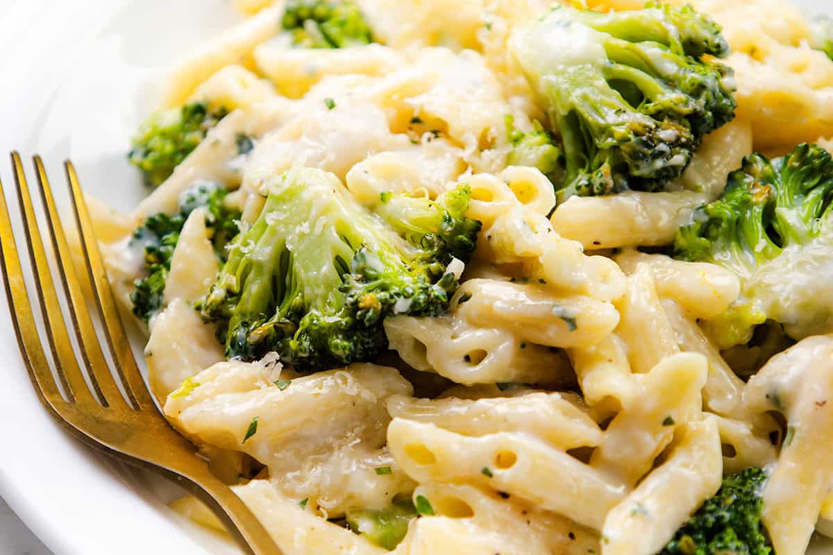 Close-up of creamy garlic pasta with penne and broccoli florets, topped with melted cheese, served on a white plate with a gold fork beside the pasta.