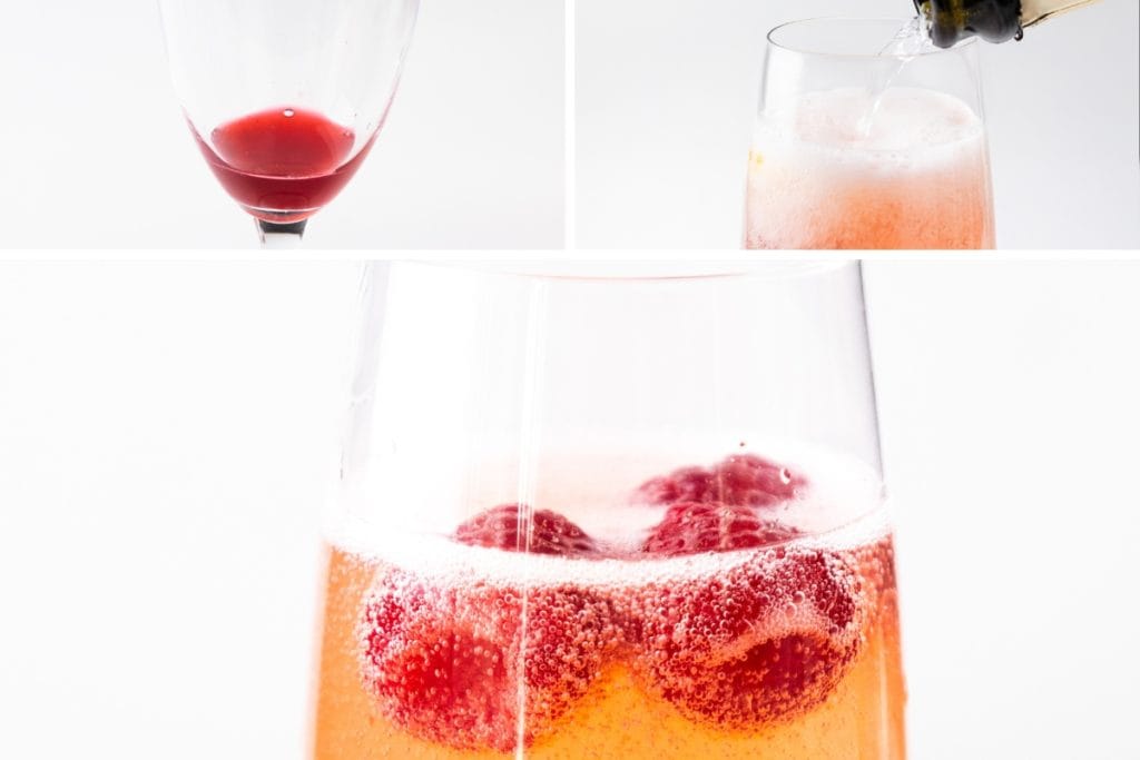 A collage shows the process of making a Raspberry Blush: first, raspberry syrup in a glass, then Prosecco being poured, and finally, raspberries floating in a fizzy pink Prosecco cocktail.