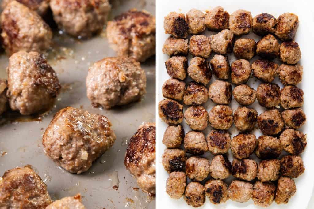 Close-up of browned Swedish Meatballs on a baking tray (left) and a top-down view of rows of cooked meatballs arranged neatly on a white surface (right), perfect for any classic Swedish Meatball Recipe with creamy gravy.