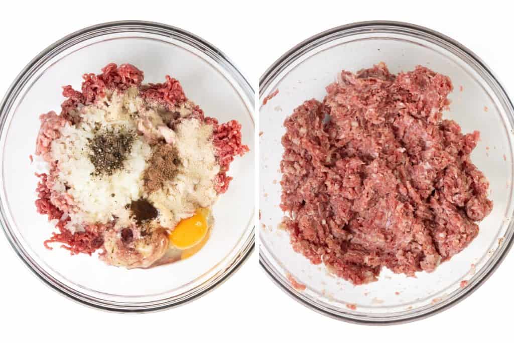  one with ground meat, an egg, diced onions, and spices for a classic Swedish meatball recipe; the other shows a uniform meat mixture ready to shape into delicious Swedish meatballs.