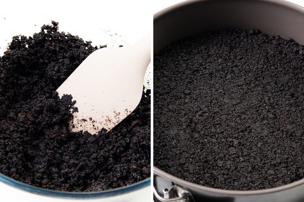 Left: A spatula mixing crushed chocolate cookies in a glass bowl. Right: The cookie crumbs pressed flat into the bottom of a round springform pan to form the base for an Irish Cream Cheesecake.