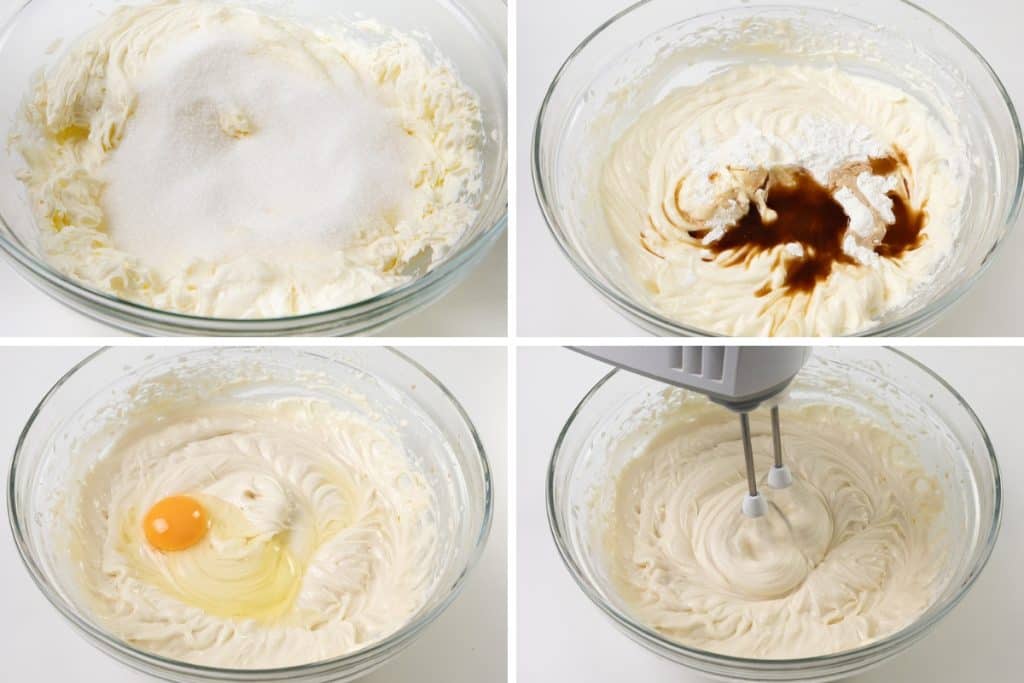 A collage of four images shows steps in baking: sugar added to a bowl of creamy mixture for Irish Cream Cheesecake, vanilla and powder added, an egg on top, and an electric mixer blending the ingredients in a clear glass bowl.
