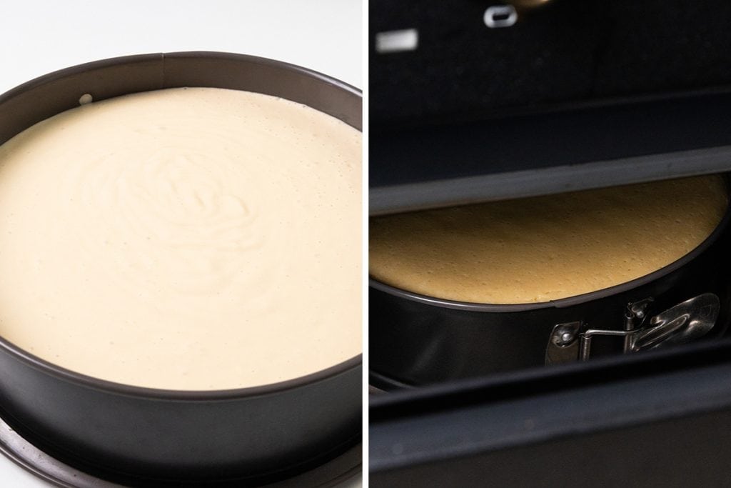 Side-by-side images showing a round baking pan filled with Irish Cream Cheesecake batter on the left, and the same pan with batter rising as it bakes in an oven on the right.