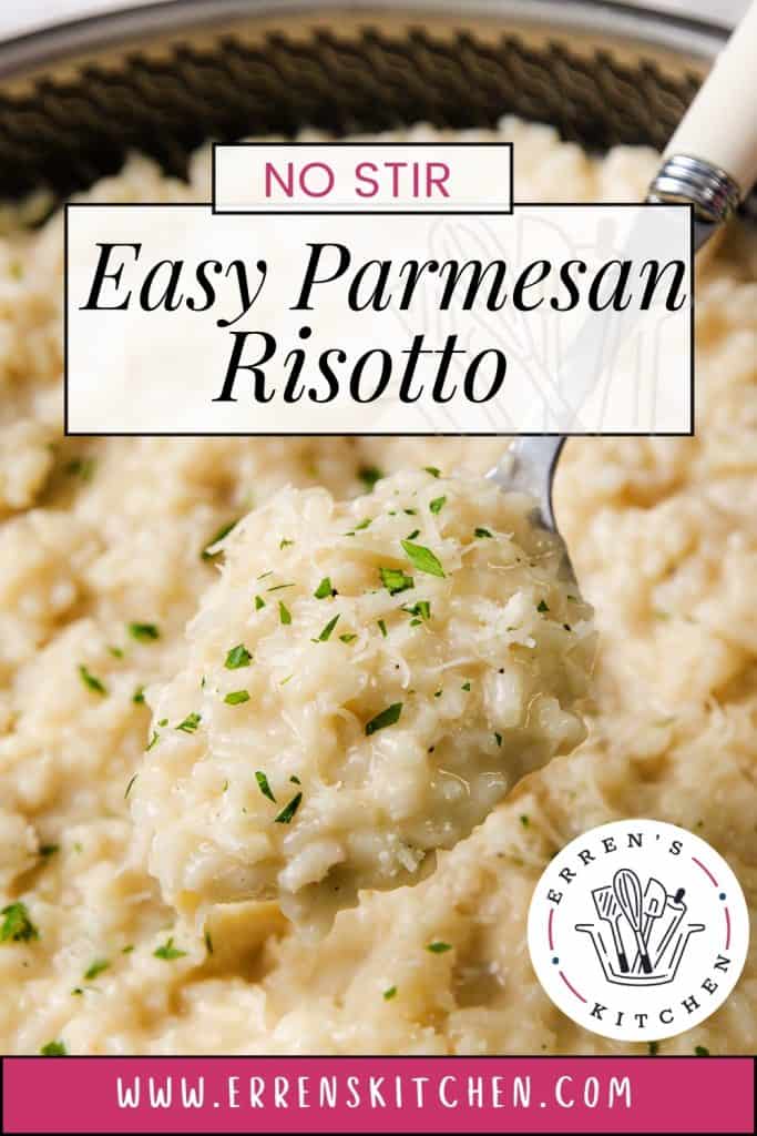 A close-up of creamy Easy Risotto being lifted by a spoon, garnished with chopped herbs. Text overlay reads "No Stir Easy Parmesan Risotto." Logo and website "errenskitchen.com" are also visible.
