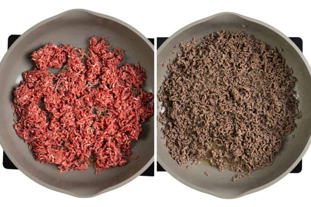 Side-by-side image showing raw ground beef in a pan on the left and fully browned, cooked ground beef in a pan on the right&mdash;perfect for starting an easy one pot meal with egg noodles.