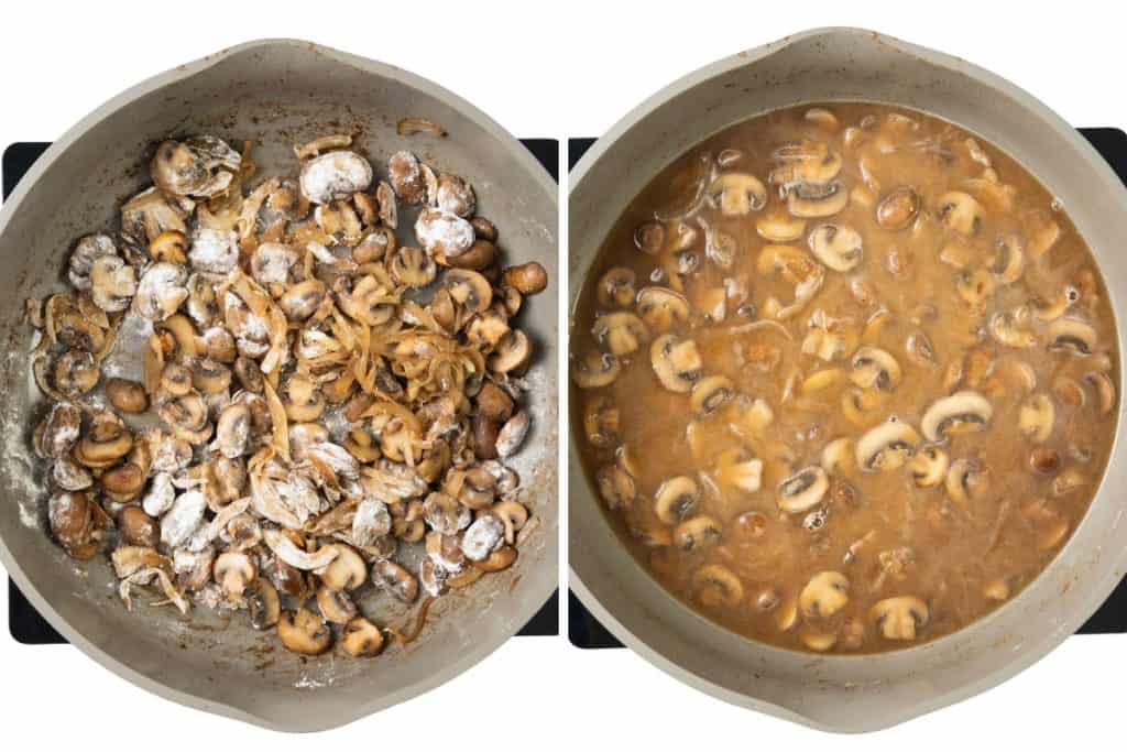 Side-by-side images of a pan: on the left, mushrooms and onions are coated in flour; on the right, the mixture simmers with ground beef in a rich brown sauce&mdash;perfect for serving over egg noodles in this easy one pot meal.