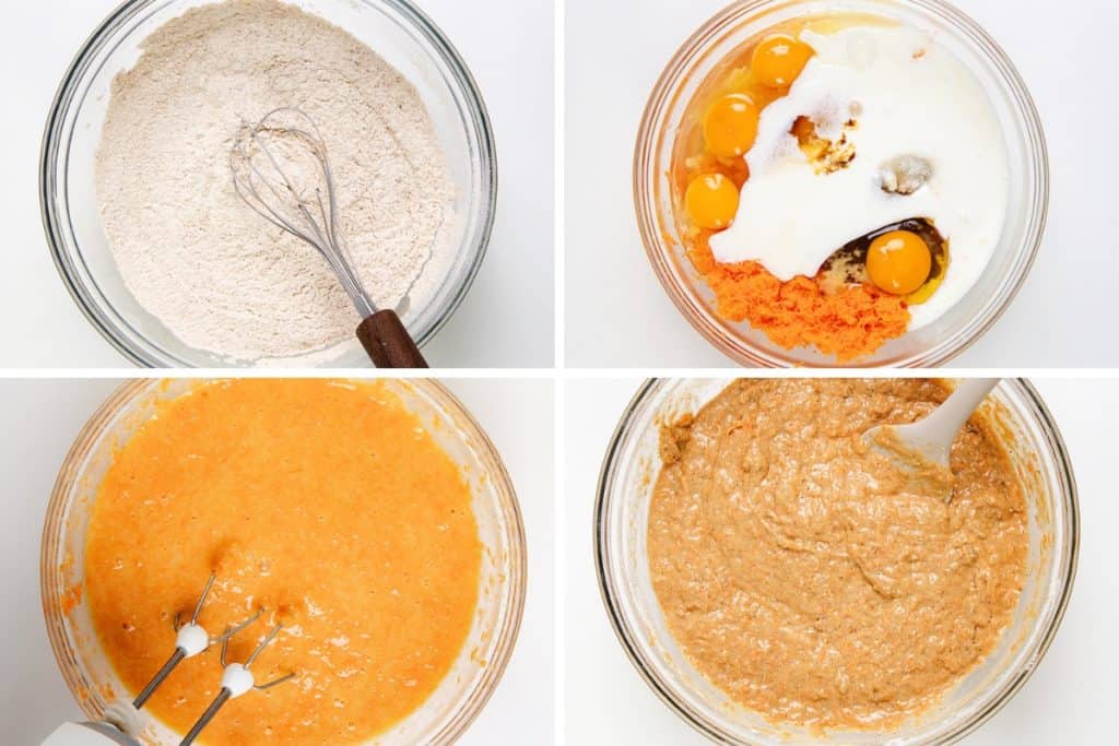 A collage of four images shows steps of making carrot cake batter for a Bundt Cake: whisked dry ingredients, wet ingredients with shredded carrots and eggs, wet mixture being blended, and combined batter mixed with a spatula.