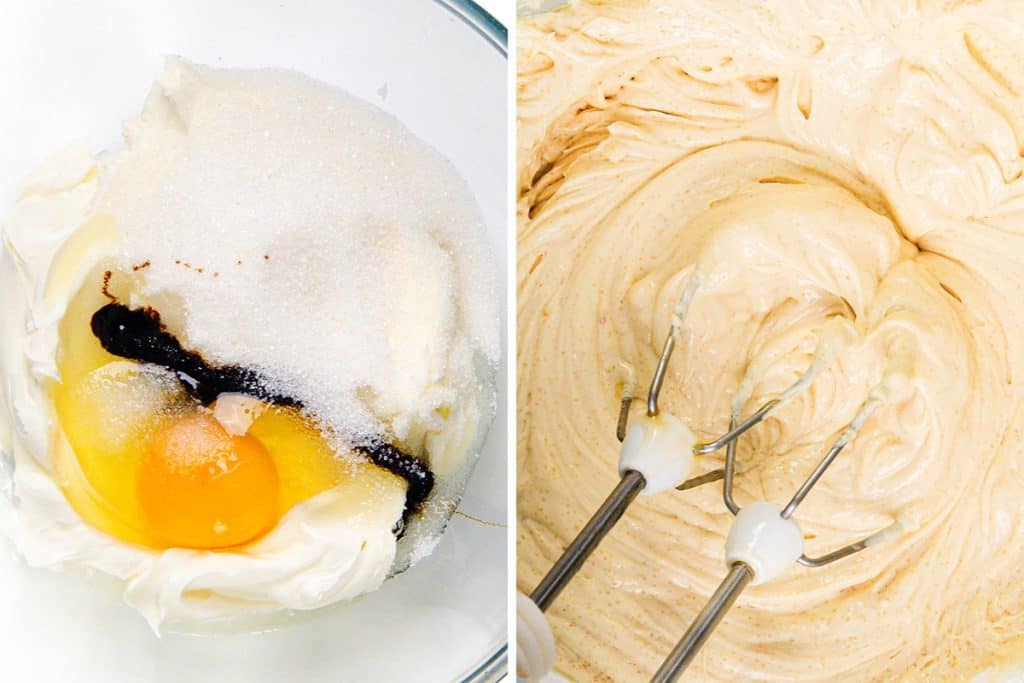 Split image: Left side shows a bowl with cream cheese, sugar, an egg, and vanilla extract for a Cream Cheese Filling. Right side shows the mixture whipped into a creamy batter—perfect for layering in a Carrot Cake or stuffing into a Bundt Cake.