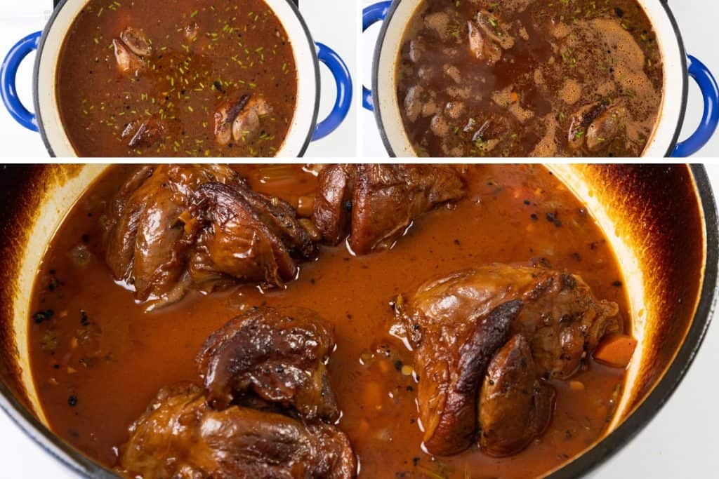 Three images show a Dutch oven with braised lamb shanks in a rich, brown sauce. The top two images display the meat simmering with sherry and herbs, while the bottom image gives a close-up of the tender meat in sauce.