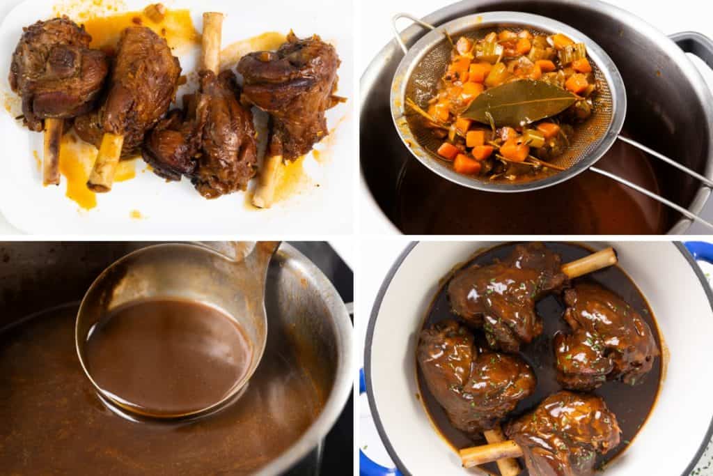 A four-panel collage shows: Braised Lamb Shanks on a plate, straining vegetables and herbs from broth, ladling sherry-infused brown sauce, and finished lamb shanks in sauce in a pot.
