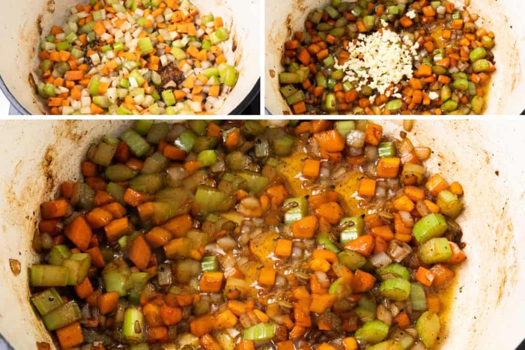 Three photos show a pot with diced carrots, celery, and onions being saut&eacute;ed; garlic and herbs are added in the second image. The vegetables are turning golden and soft as they cook together&mdash;perfect for starting braised lamb shanks.