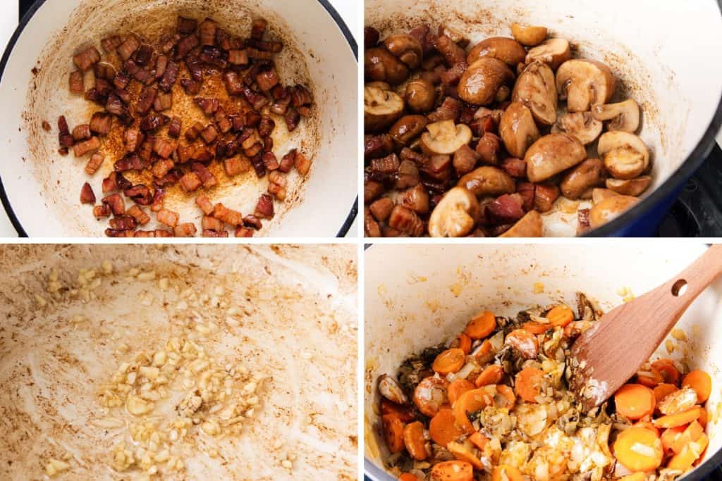 A collage of four cooking steps for Beef and Guinness Pie: browning diced bacon, saut&eacute;ing whole mushrooms, cooking chopped garlic, and stirring sliced carrots and onions in a pot with a wooden spoon.