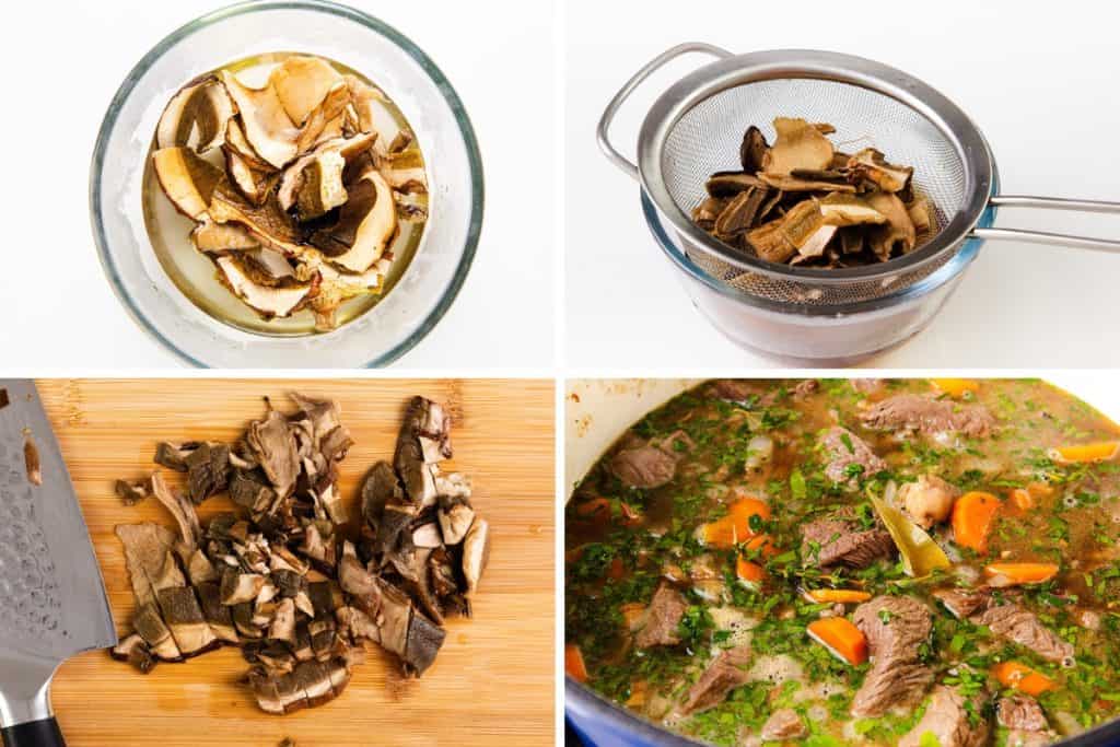 A collage shows: dried mushrooms soaking in water, mushrooms draining in a strainer, chopped mushrooms on a cutting board with a knife, and a pot of hearty beef stew being cooked with mushrooms.