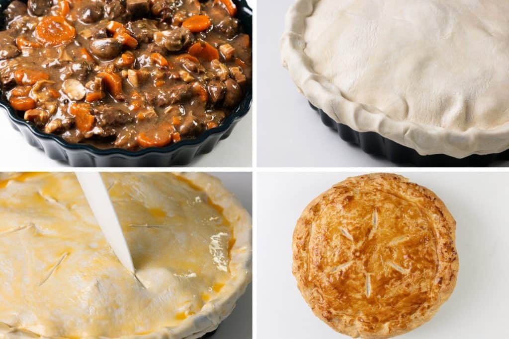 A four-step collage shows making a savory Guinness Pie: beef and vegetables in a dish, covered with pastry, pastry being cut, and the finished golden-brown baked pie.
