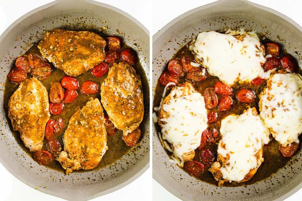 Two side-by-side images show Italian Smothered Chicken in a skillet with cooked chicken breasts and cherry tomatoes; the left image features sauced chicken, while the right is topped with melted cheese.