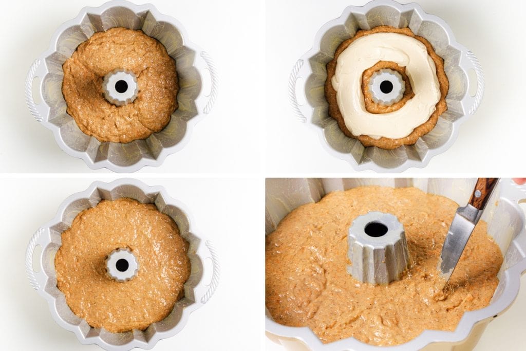 Four images show steps in making a Carrot Cake Bundt Cake: pouring batter into a pan, adding a ring of cream cheese filling, covering with more batter, then swirling with a knife.