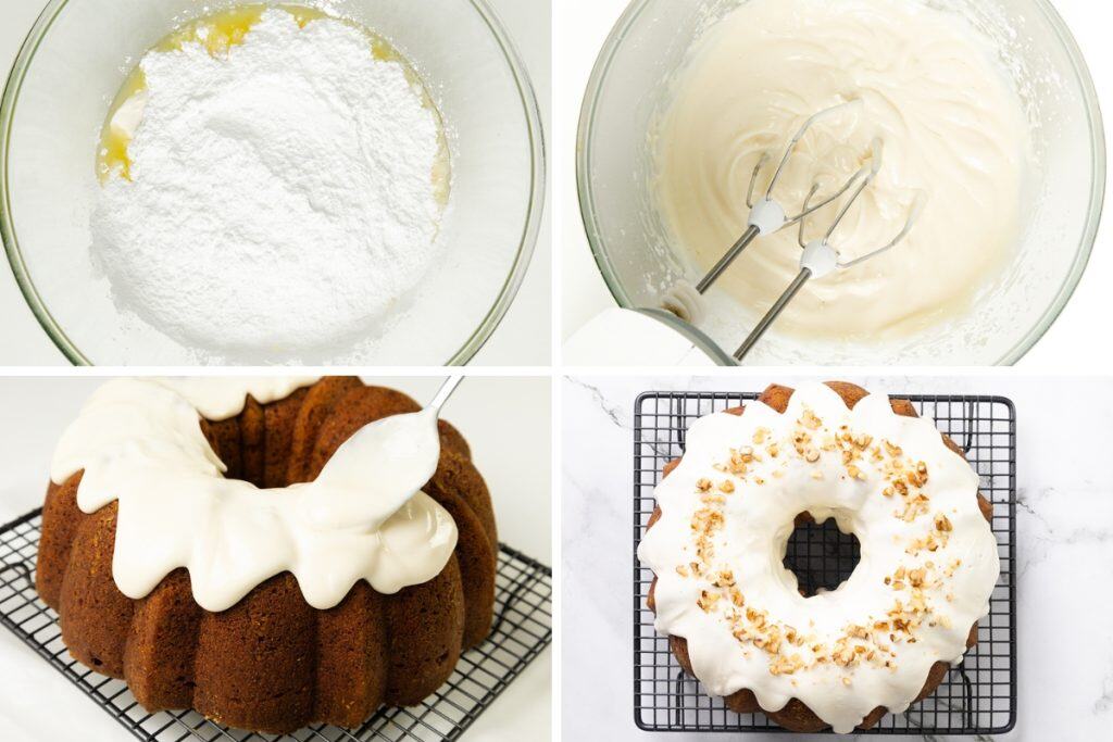 Four images show steps to make bundt cake icing: mixing powdered sugar in a bowl, beating icing with a mixer, spooning it onto a bundt cake, and the finished cake topped with icing and chopped nuts on a rack.