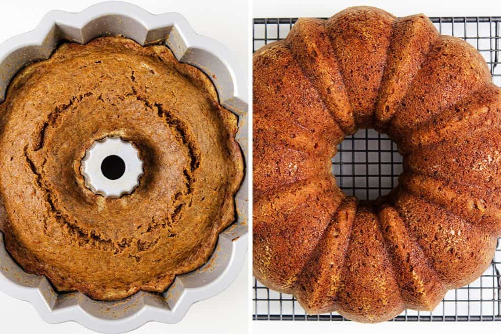 Side-by-side images of a Bundt Cake: on the left, the cake with Cream Cheese Filling is still in the pan and freshly baked; on the right, it's removed from the pan and cooling on a wire rack.