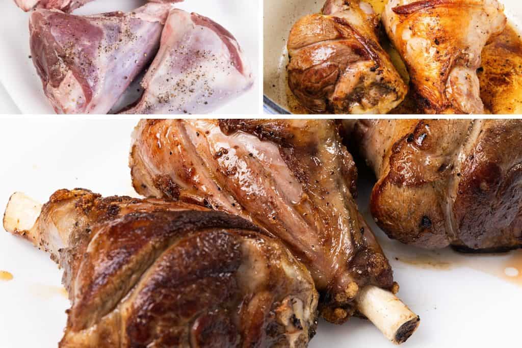 A collage showing three stages of making Braised Lamb Shanks: raw and seasoned with herbs, browning in a pot, and fully cooked with a rich sherry glaze on a white plate.