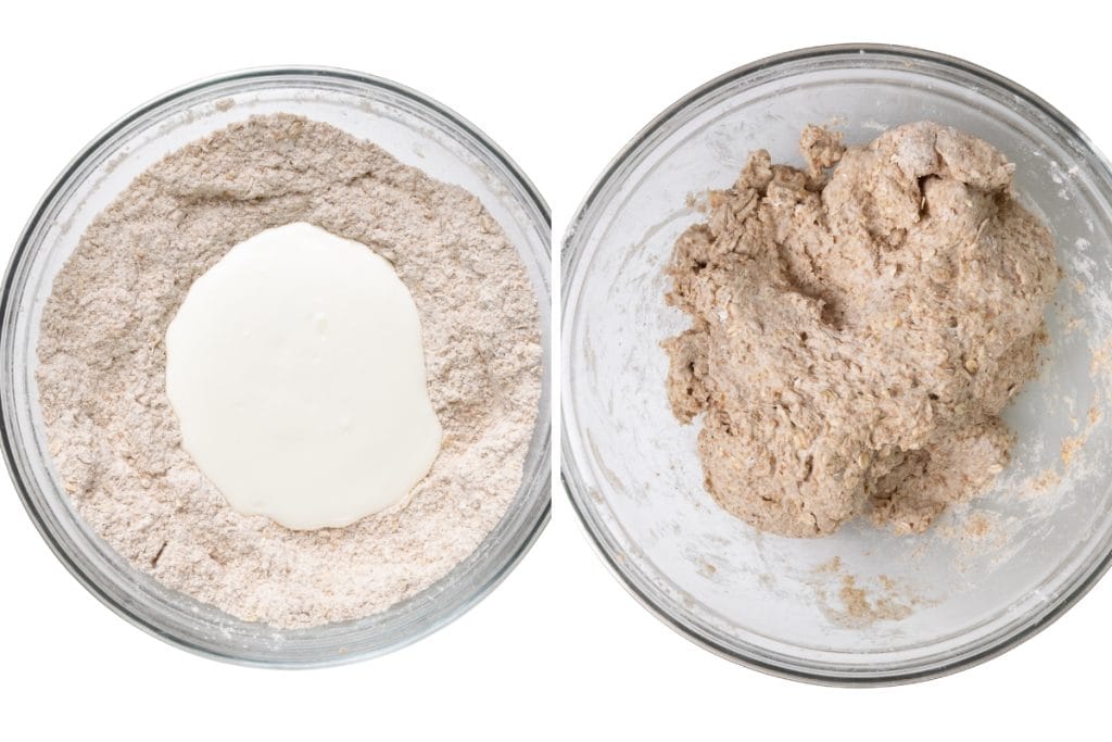 Two glass bowls: the left shows flour for Irish Soda Bread with liquid poured into the center, and the right shows the ingredients mixed into a dough.