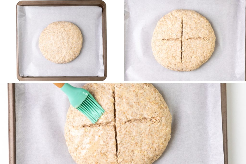 Three photos show Irish Soda Bread dough on a parchment-lined baking sheet: first shaped into a round, then scored with a cross, and finally being brushed with a liquid using a green pastry brush.