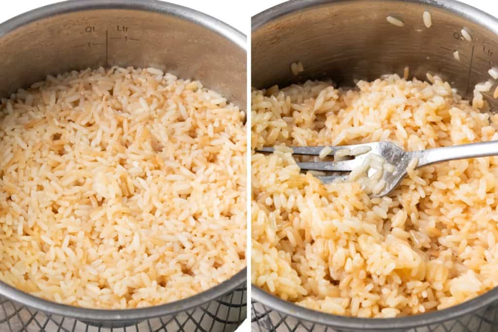 Side-by-side images of cooked Cilantro Lime Rice in a metal pot. On the left, the rice is undisturbed; on the right, a fork is fluffing the rice, giving it a looser texture.