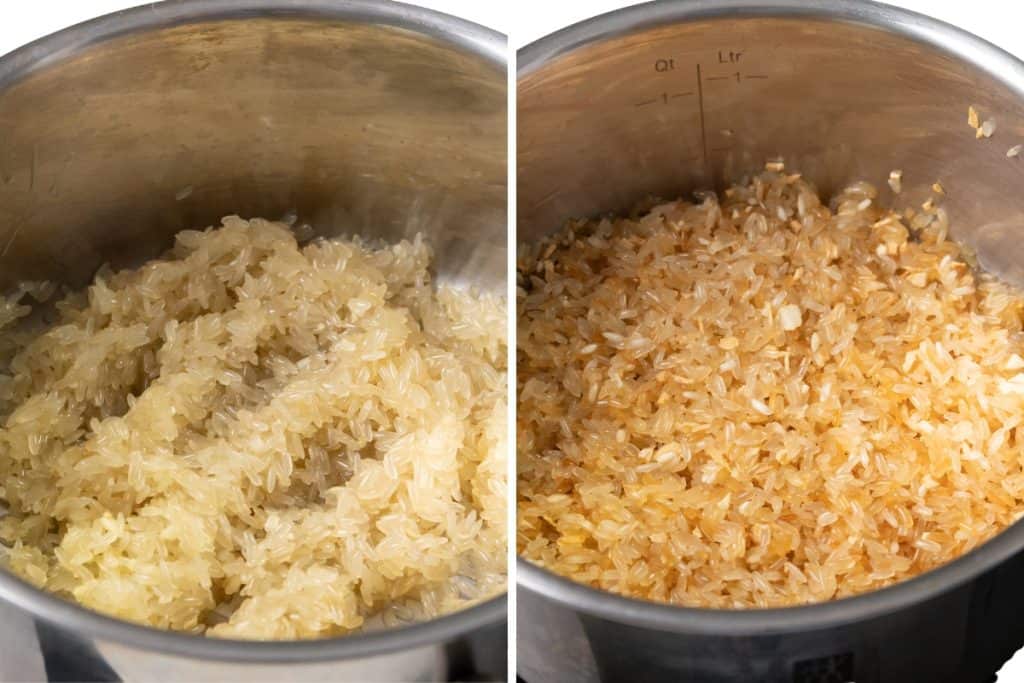  on the left, white glutinous rice ideal for creamy rice dishes, and on the right, golden-brown glutinous rice, both in stainless steel pots.