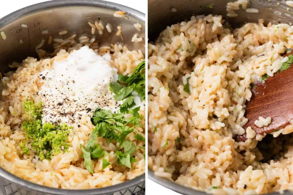 Close-up of cooked rice in a pot. The left side features creamy rice topped with black pepper, lime zest, and fresh herbs; the right side shows the rice mixed together with a wooden spoon.