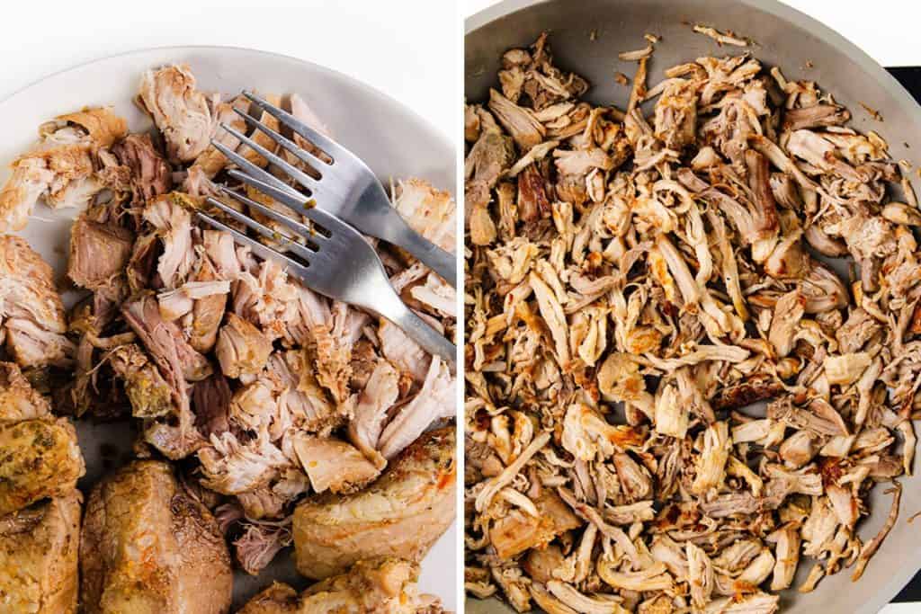 Side-by-side images: on the left, two forks shred cooked carnitas on a plate; on the right, a pan filled with fully shredded slow cooker meat, perfect for burritos.